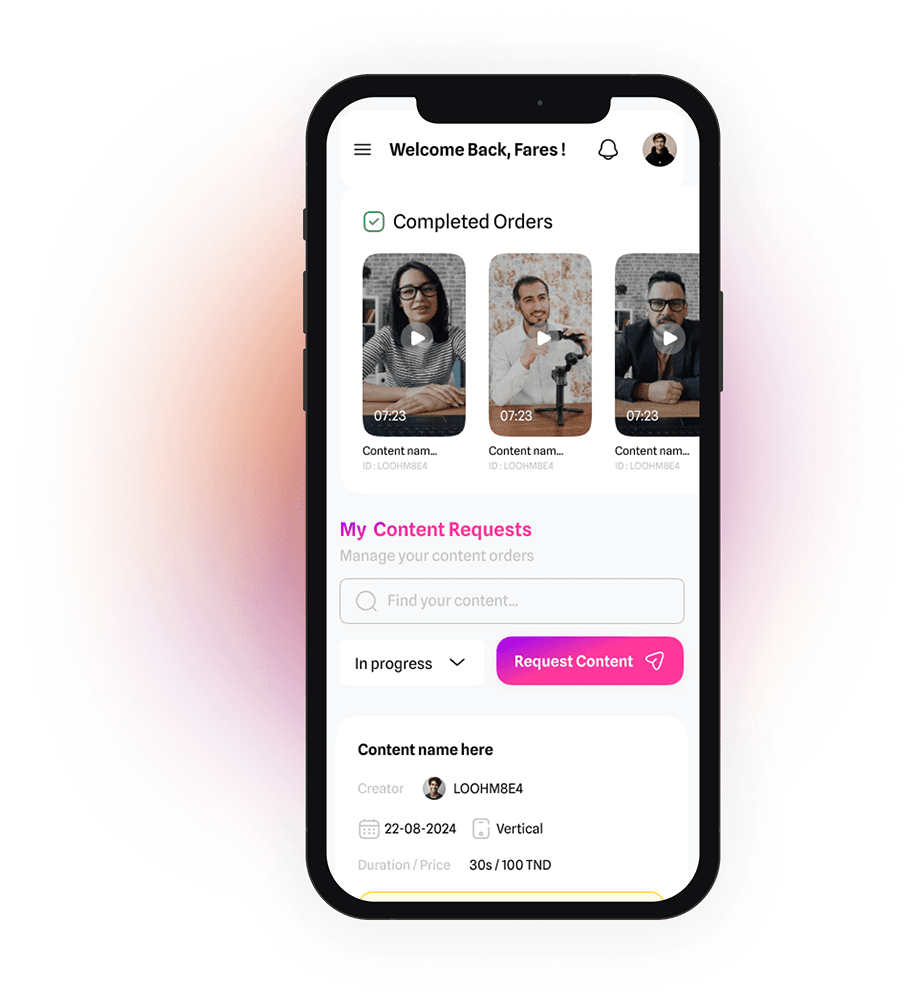 Digital Factory app on a smartphone showing completed orders and content requests