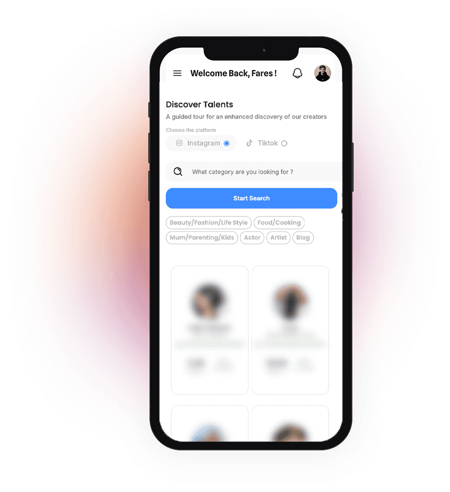 Discovery App on a smartphone showing creator search results